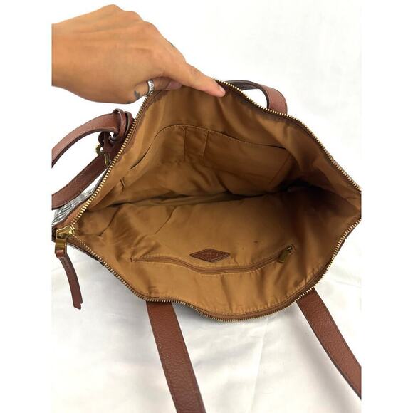 Fossil Rachel Leather Black Striped Tote Purse Classic Brown Black - Picture 8 of 16